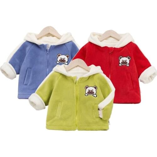 Kids Autumn Winter Jacket Boys Girls Plus Velvet Outwear Hooded Casual Coat Baby Active Cartoon Bear Embroidery Cotton Clothing