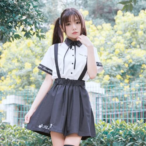 "Lost in Forest" Rose Embroidery Cute Summer Womens Set: White Short Sleeve Blouse Shirt + Jumper Shorts / Suspender Mini Skirt