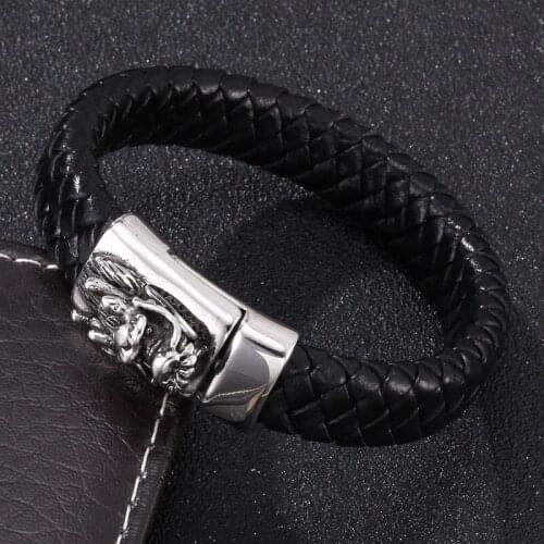 Punk China Dragon Head Stainless Steel Magnet Buckle Men Bracelets Fashion Braided Leather Charm Bangles Jewelry Gifts S0260