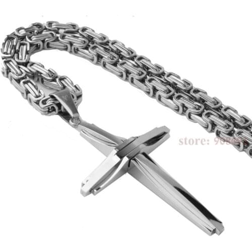 18"-40"Hot Sell Mens Silver Stainless Steel Religious Cross Pendant Necklace