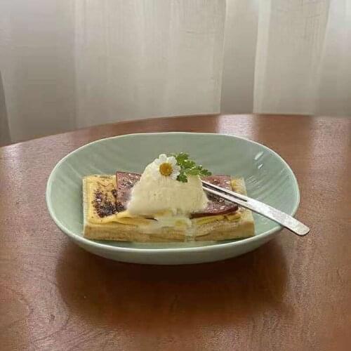 Japanese Line Pattern Mint Green Solid Color Breakfast Pastry Tray Nordic Simple Aeolian Sand Pull Plate Oval Ceramic Yogurt Bow