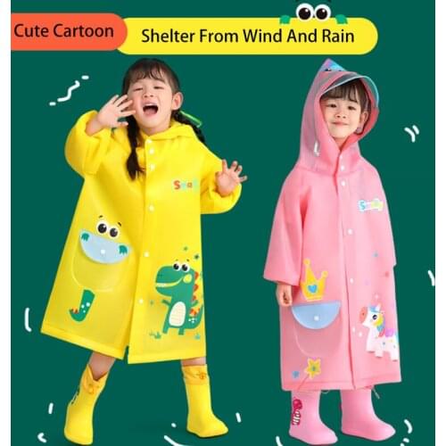Waterproof Childrens Raincoat Transparent Big Brim Rain Poncho Rain Jacket For Boys Girls Cartoon Dinosaur Baby Hooded Rainwear