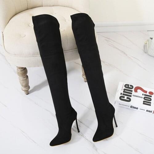 NIUFUNI 2020 Lady Sexy Over The Knee Boots High Heels Autumn Pointed Toe Suede Shoes Woman Comfortable Slim Stretch Botas Mujer
