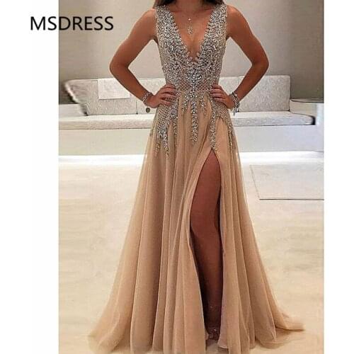 New cheap Luxury Evening Dress Sexy V-neck Backless Embroidery High-split Tulle Long Prom Gown Custom Party Formal Dresses