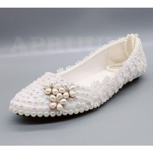 Luxury handmade AB pearls flats shoes woman white handmade pearl crystal brides wedding shoes bride ladies plus size dancing