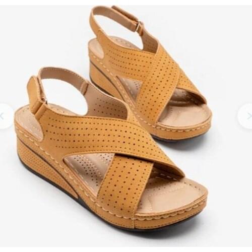 Women Faux Leather Sandals Stitching Openwork Wedge Female Shoes Casual Comfortable Retro Sandalis Summer New