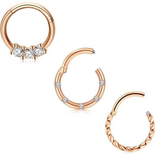 JFORYOU 16G Stainless Steel Daith Earring Hoop Hinged Segment Ring Ear Piercing 3Pcs Rosegold Black Choosable