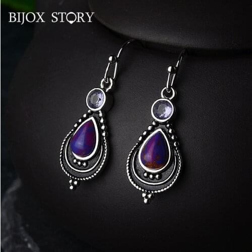 BIJOX STORY Vintage 925 Sterling Silver Jewelry Earring with Water Drop Shape Amethyst for Female Wedding Anniversary Party Gift