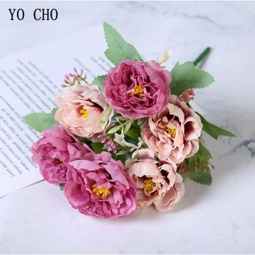 YO CHO Fake 6 Heads Peony Artificial Flowers Bouquet Plastic Stem Fabric Flower Head for Christmas Home Wedding Decor Faux Flora