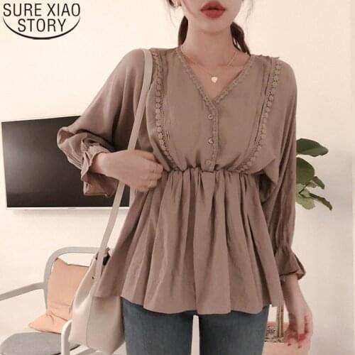 Women Blouse Oversize Blouses Woman Casual Long Sleeve 2021 Autumn Lace Button V-Neck Ladies Tops Femme Blusas Mujer 10101