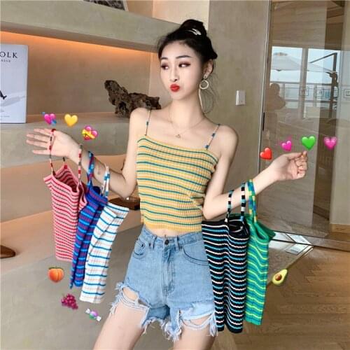 Summer Women Knitting Striped Tank Crop Tops Girls Knitted Knitwear Camisole Sleeveless Tee shirts Camis With Spaghetti Straps