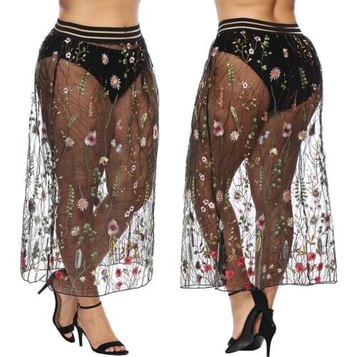 Women Skirt Long Sexy Perspective Summer Clothes WomenS Lace Embroidery Elasticity Mesh Skirt Black Hem Sheer High Waist