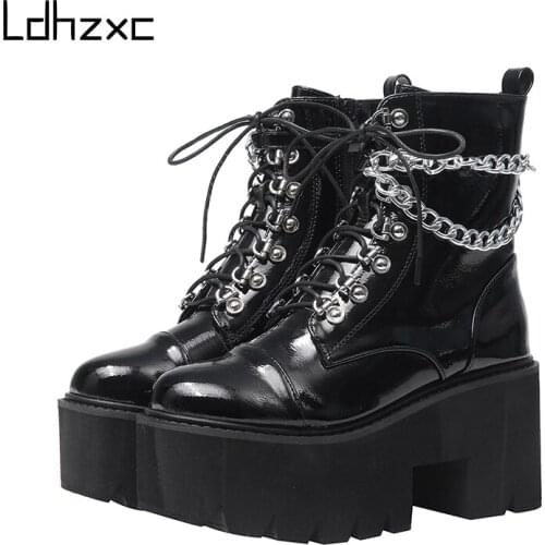 LDHZXC 2020 Gothic Black ankle Boots Women Heel Sexy Chain Chunky Heel Platform Boots Female Punk Style Ankle Boots Zipper