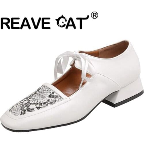 REAVE CAT 2021 Concise Lofers Flats Snake Print Patchwork Ankle Strap Square Toe 3cm Chunky Heel Shoes US15 Black White A4198