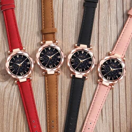 Women Stainless Stee Watch Round Star Dial Roman Numerals Wrist Watch with Perforated Frosted Strap LXH