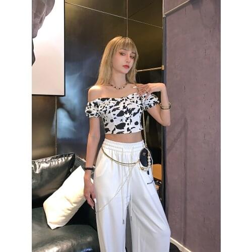 Summer 2020 Slash Neck Off Sholder Ruffle Top Cow Print T shirt Women Crop Top and Pants Set Wide Leg High Waist Thin Sweatpants