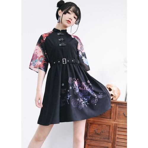 New Summer Japanese Harajuku Black Print Stitching Leather Buckle Hot Girl Fashion Temperament Kawaii Sexy Dress