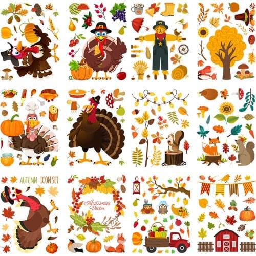 New Fashion 12PCS Thanksgiving Maple Leaf Turkey Wall Sticker PVC Frosted Pumpkin Harvests Window Sticker Home Decorations
