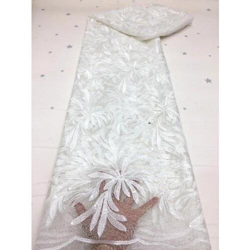 5yards/pc) Wonderful embroidered French net lace white African party lace fabric with transparent sequins for dress FZX057