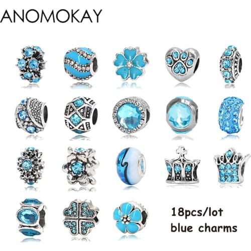 ANOMOKAY Mix Style Blue Flower Crown Heart Crystal Bead Charm fit Bracelet Necklace Blue Charm for DIY Jewelry Marking as Gift