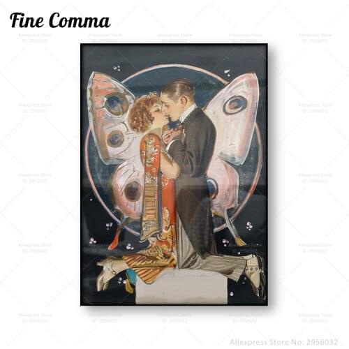 Butterfly Couple J.C. Leyendecker Vintage Poster Lovers Kissing A Kiss and Embrace Canvas Print Antique Wall Art Home Decor Gift