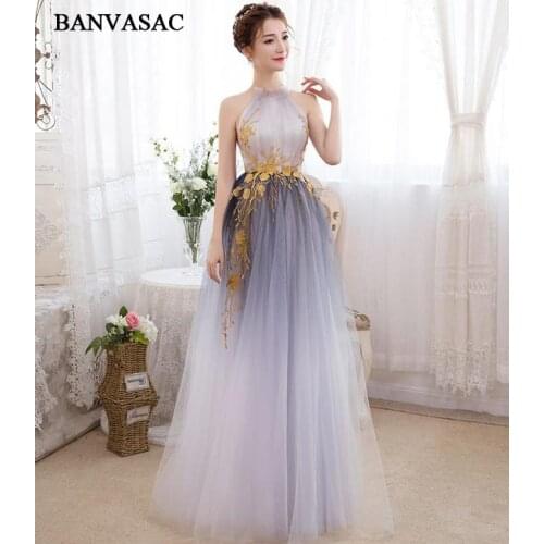BANVASAC Halter Gold Lace Appliques A Line Long Evening Dresses Party Off The Shoulder Tulle Backless Prom Gowns