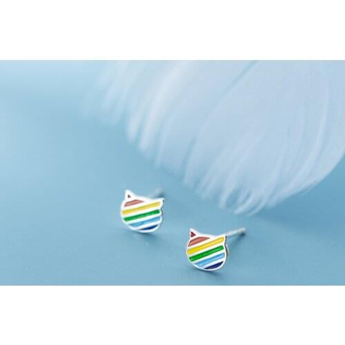 MODIAN Fashion Colorful Rainbow Enamel Cute Cat Face for Women 925 Sterling Silver Animal Anti-Allergy Ear Pin Fine Jewelry Gift