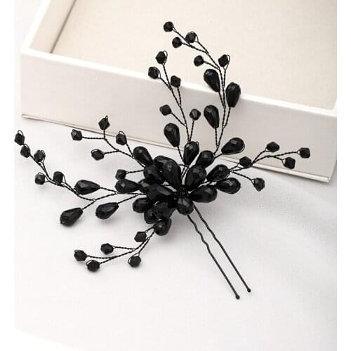 Black Color Crystal Hairpins Handmade Vintage Baroque Tiara Headpiece Wedding Headdress Women Bridal Hair Accessories Jewelry