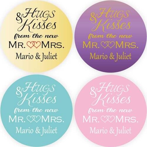 DouxArt 100 Pieces Personalized Hugs and Kisses from the new Mr and Mrs Wedding Favors Stickers , 4cm Communion Gift Labels