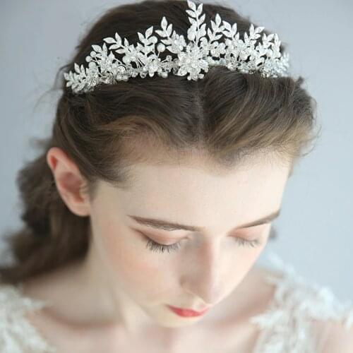 Fashion Silver Color Leaf Wedding Tiara Hair Crown Floral Bridal Headpiece Handmade Pearls Women Jewelry Accessories