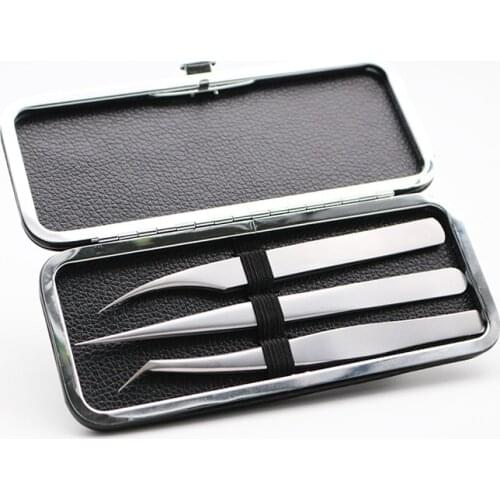 3pc High precis Eyelash extension tweezers Leather box set, Curved ,Straight Fan lashes Eyebrow Tweezers Makeup Tools