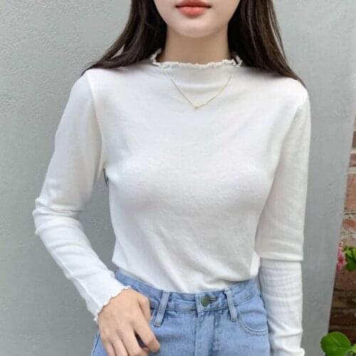 2021 Autumn Korean One-Piece Fashion WomenS Simple Half High Collar Slim Slimming Black Long-Sleeved Bottoming Sweater T-Shirt