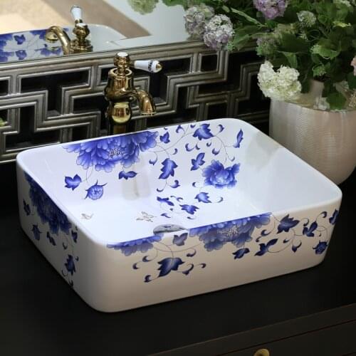 Rectangular Blue and white Jingdezhen ceramic sink wash basin Ceramic Counter Top Wash Basin Bathroom Sinks laundry sink