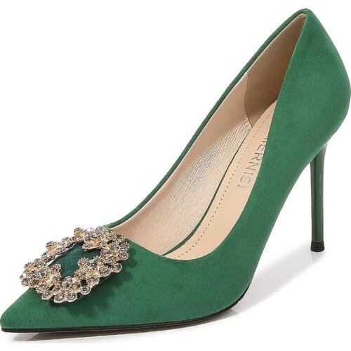 Size 35-45 46 Pointed Toe Zapatos mujer Flock 9cm Thin Heels Woman shoes Wedding Stiletto golden Rhinestone Shoes Womon Pumps