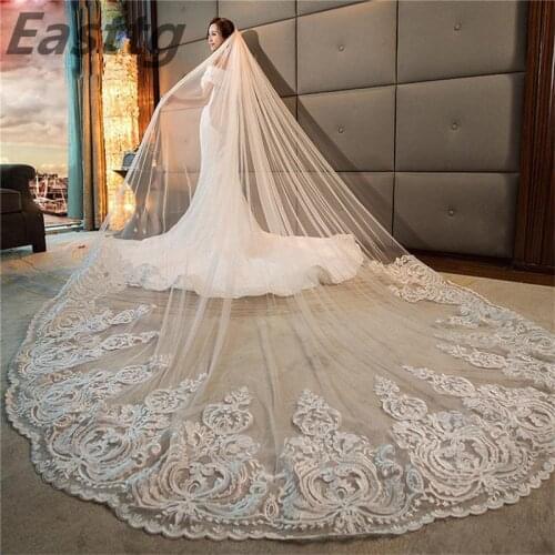Luxury High Quality White/Ivory Long Bridal Veils Cathedral Length Lace Applique 4M Wedding Veil With Comb Wedding Accessories