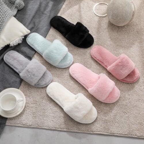 Women Slippers For Home Faux Fur Warm Flat Shoes Winter Autumn Female Slide Fashion Flip Flops Stylish Plush Slippers