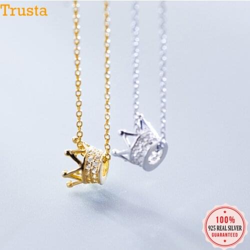 Trustdavis 100% 925 Sterling Silver Necklace Jewelry Hand Made Gold Crown Pendant Choker Birthday Gift for Girl Teens DS1433