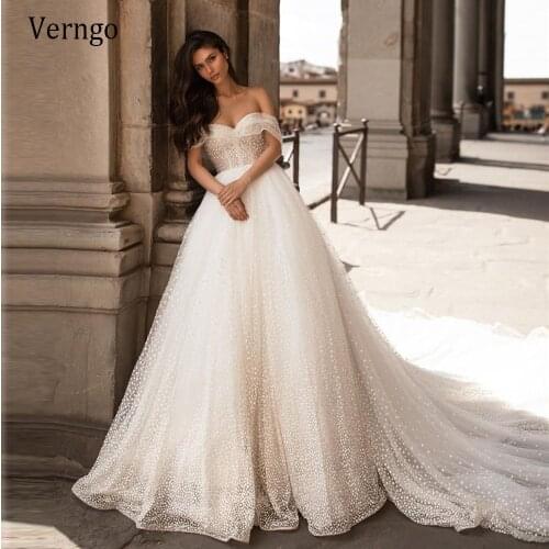 Verngo New 2021 Polka Dotted Tulle A Line Wedding Dress For Bride Off the Shoulder Long Chapel Train Princess Bridal Dresses