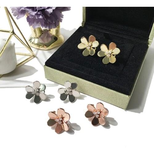 Top Brand Clip Earrings 3 Gold Tone Micro Inlay Zircon CZ Delicate Flower Earrings For Women Wedding Jewelry