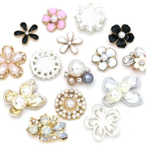 10Pcs Flower Pearl Rhinestone Flatback Rhinestones Button For Clothes Pearl Beads Alloy Diamante Crystal Bow Jewelry Accessories