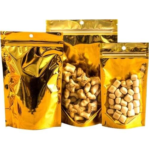 1000Pcs/Lot Stand up Clear Aluminium Foil Self seal Bag Gold Metallic Plastic Packaging Pouch for Food Tea Candy Cookie Baking