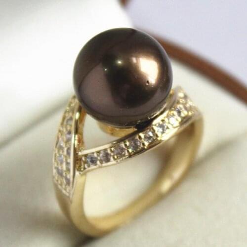Noble ladys 18KGP with crystal decorated &12mm brown shell pearl ring(#7 8 9 10)