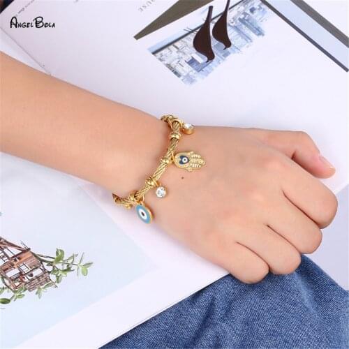 Hand of Fatima Stainless Steel Evil Eye Bracelets& Bangles Islamic Turkish Fashion Adjustable Bracelet for Women No Fade Jewelry