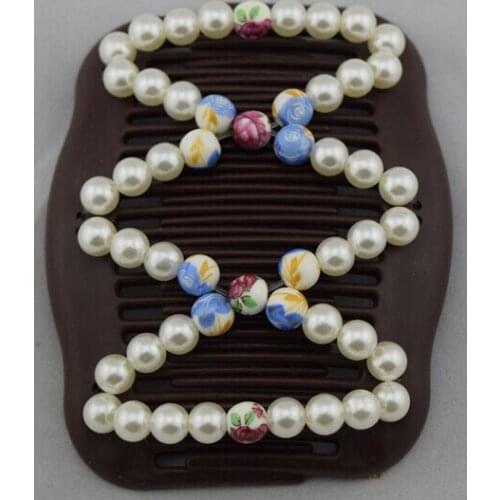 Pearl ceremaic rose pattern Magic Hair Combs double hair combs Free shipping 12 pcs/lot