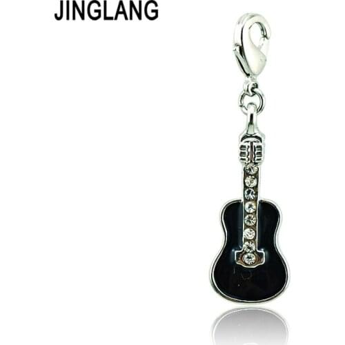 JINGLANG Fashion Lobster Clasp Charms Silver Plated White Rhinestone Black Guitar Pendants Charms Jewelry DIY Accessories