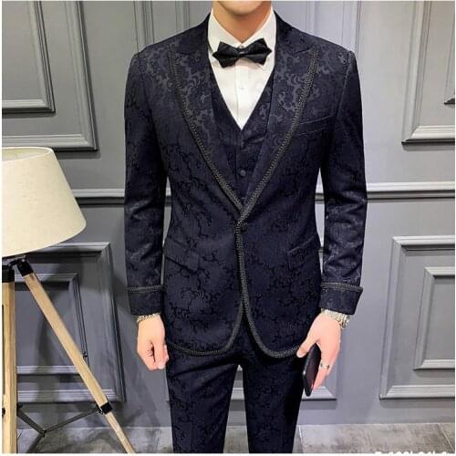 Fashion Design Navy Blue Jacquard Men Suits Costume Homme Slim Fit Tuxedos Groom Wedding Terno Masculino 3 Piece Party Blazer