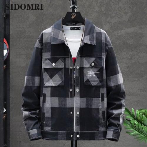 Fashion Black White Plaid Mens Jacket Turn-Down Collar Zipper Cargo Coat Spring Autumn Long Sleeve Loose Fit Casual Outerwear