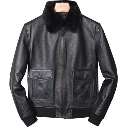 Mens Genuine Cowhide Black Short Autumn/Winter Warm Leather Jacket Slim-fit Flight Suit Cowhide Jacket Coat Large Size XL XXL