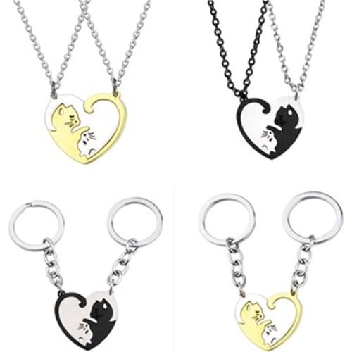 Fashion 2 PCS/set Lovers Necklace Jewelry Yin Yang Tai Chi Cat Pendant Couples Pendants Unisex Best Friends Gift Keychain