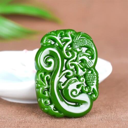 Natural Green Jade Dragon Phoenix Pendant Necklace Chinese Hand-Carved Fashion Jewelry Accessories Charm Amulet for Men Women